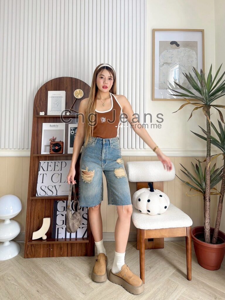 กางเกงยีนส์ 5 ส่วนแต่งขาด ผ้านิ่ม